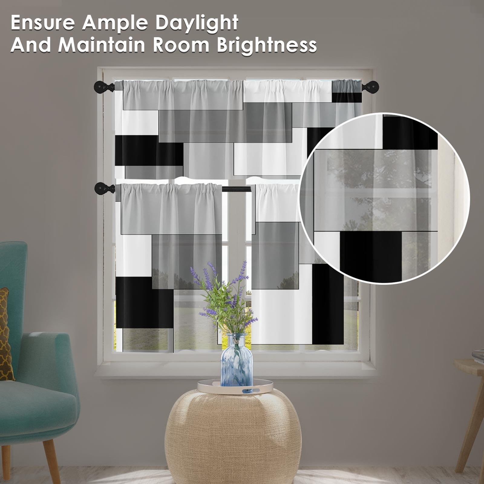 Black White Gray Kitchen Window Curtains Valance and Tier Set 36 Inch, Dark G…