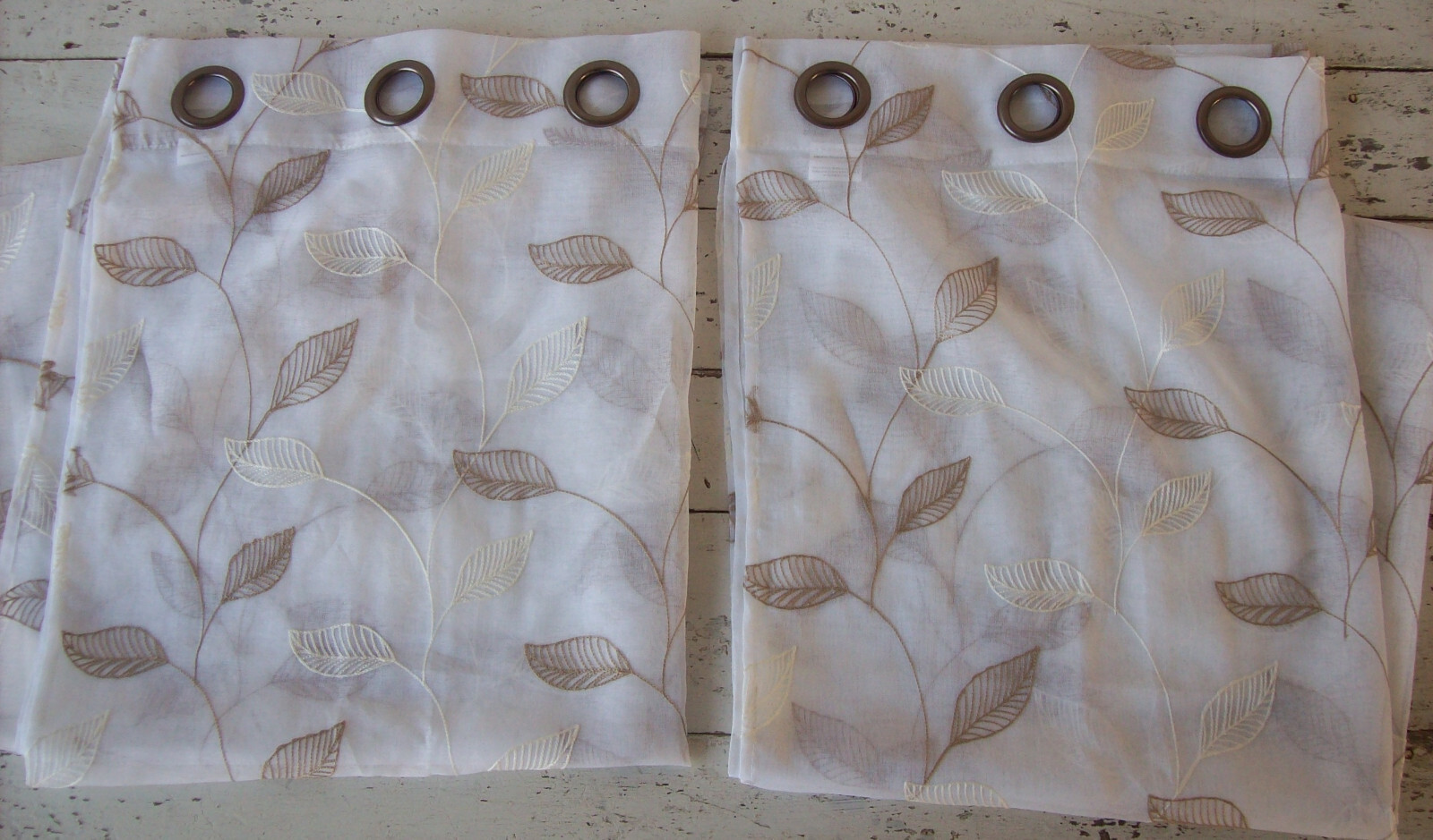 2 Sheer White Curtains w/ Embroidered Taupe/White Leaf Pattern~`37W x 84L