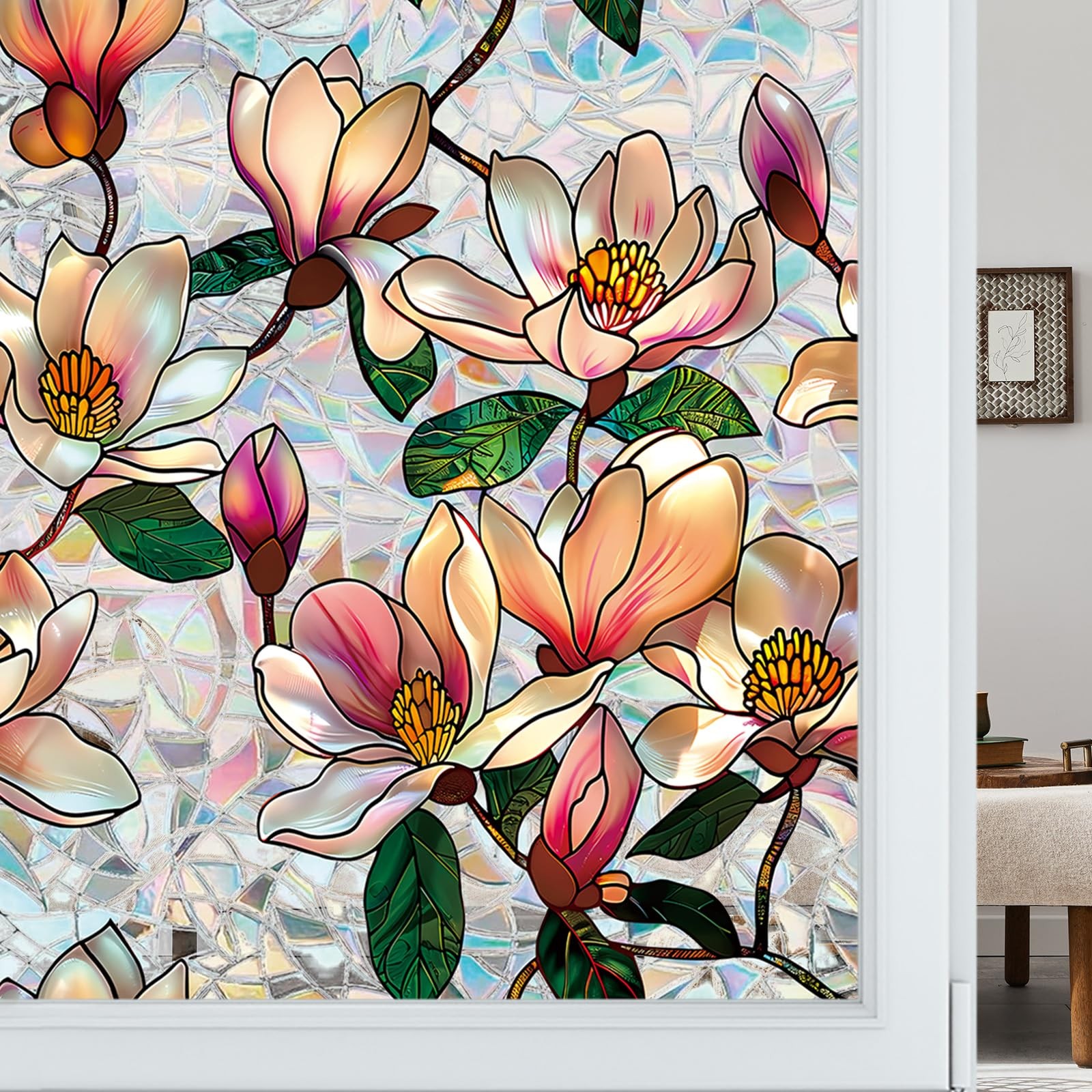 Floral Window Privacy Film, Stained Glass Static Cling with Rainbow Prismatic…