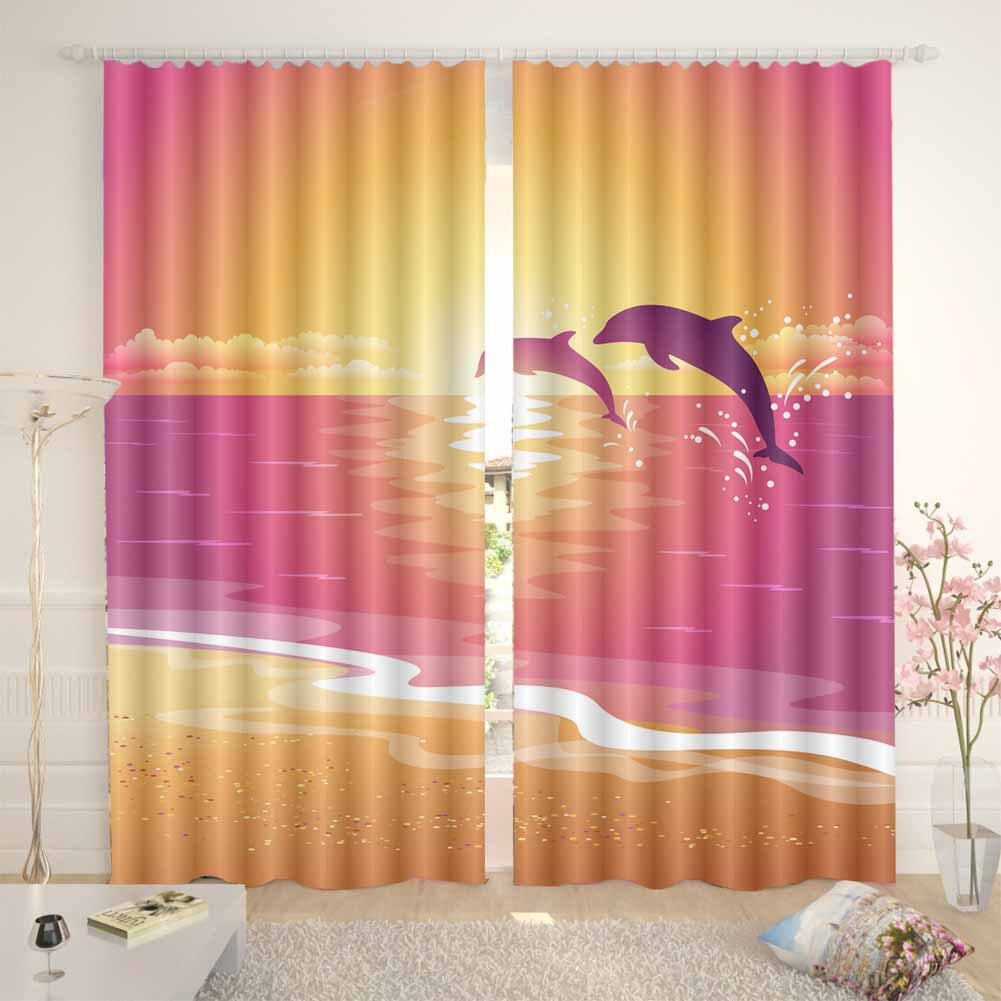 Dolphins Water At Dusk 3D Blockout Photo Print Curtain Fabric Curtains Window