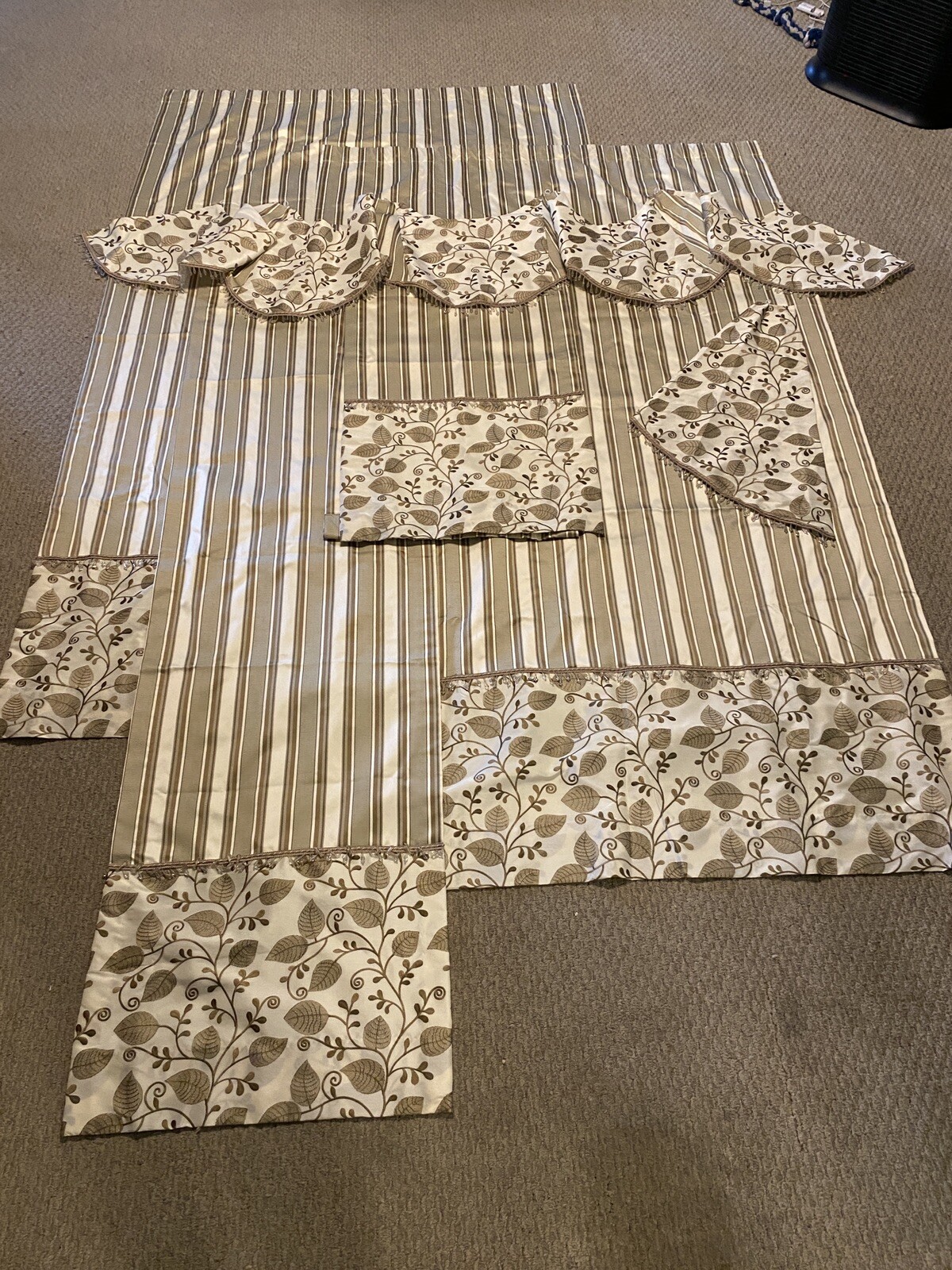 Huge Set White & Gold Striped Curtains Lined Drapes Ivy Valance Sun Porch
