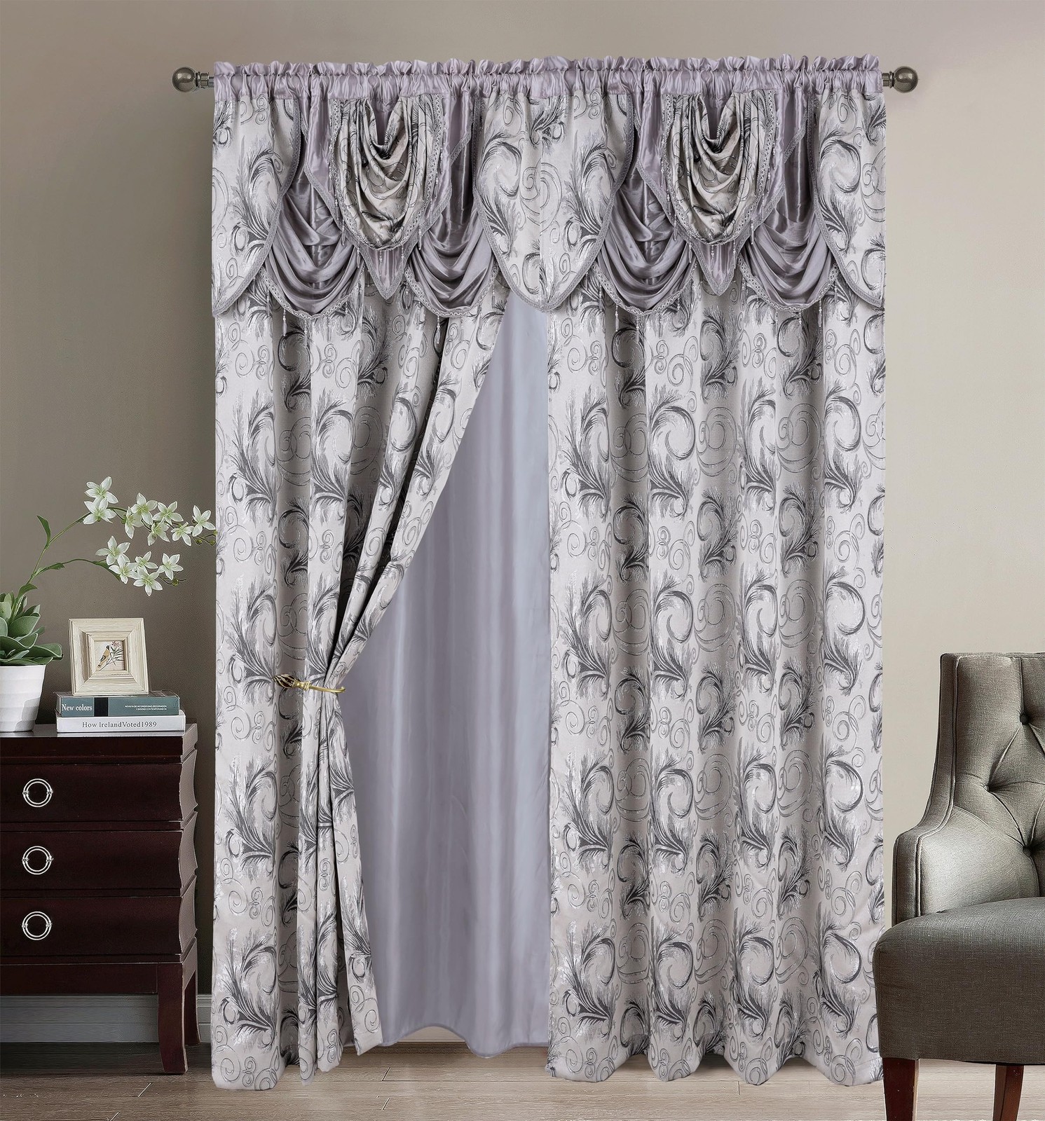 GLORY RUGS Jacquard Luxury 2 Curtain Panel Set with Attached Valance and Back…