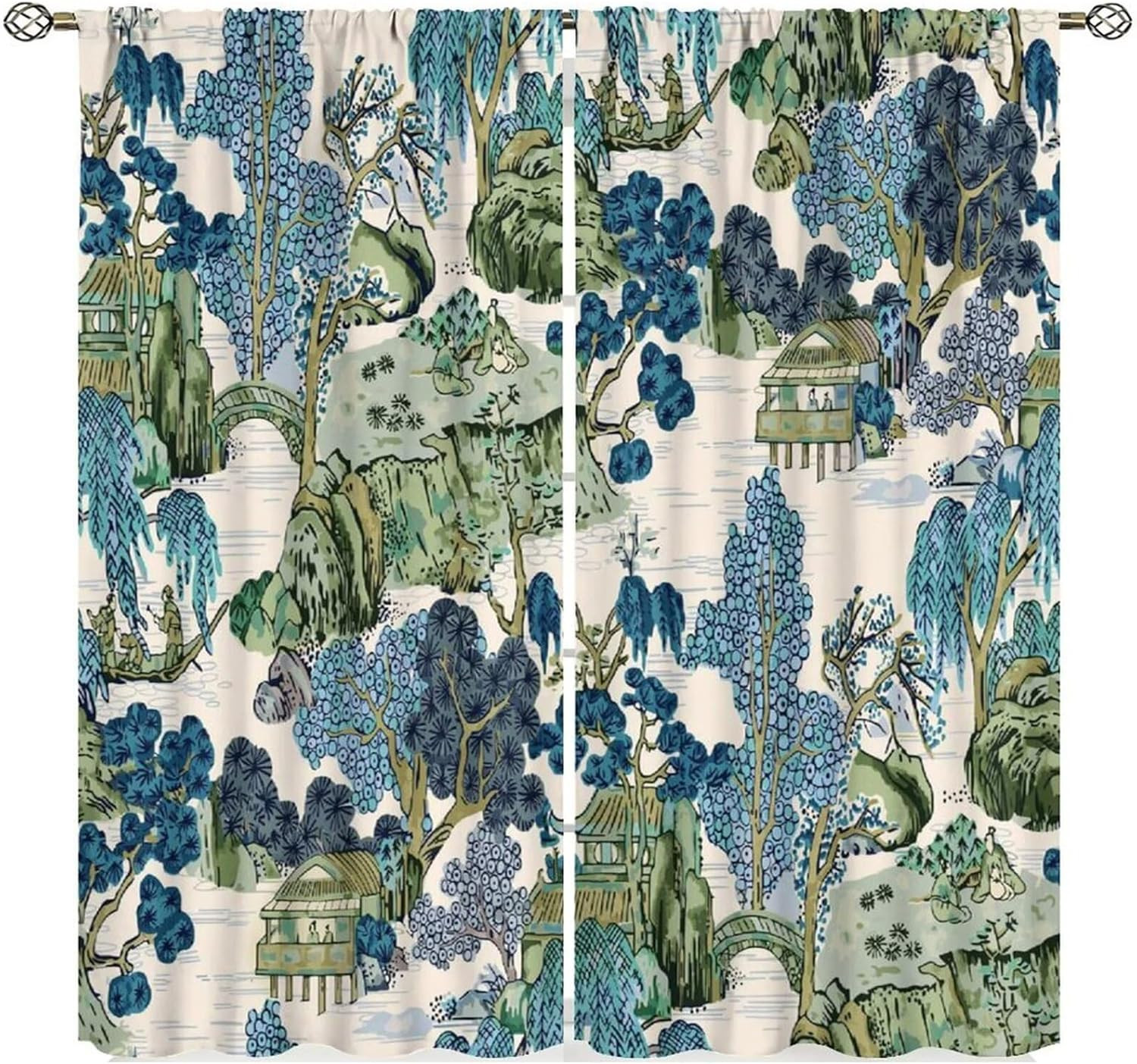 Chinoiserie Mountain Landscape Blackout Curtains 63×72 Inch 2 Panels