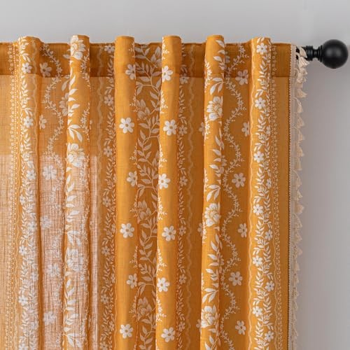 Boho Floral Curtains 84 inch Long 2 50″W x 84″L (Pack of 2) Golden Yellow
