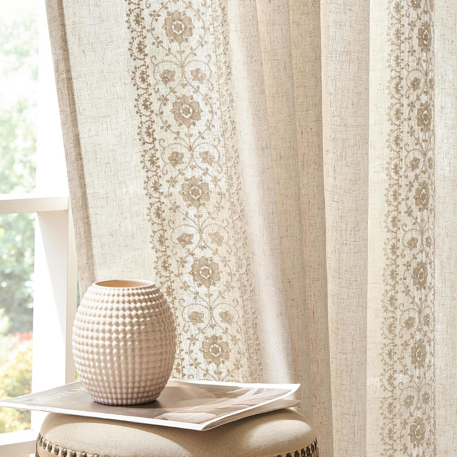 Ivory Boho Floral Curtains 90″ Long Linen Drapes for Living Room – 2 Panels