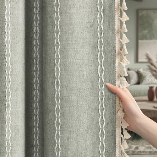 Sage Green Boho Blackout Curtains 84″ Panels for Living Room Bedroom, Linen Text