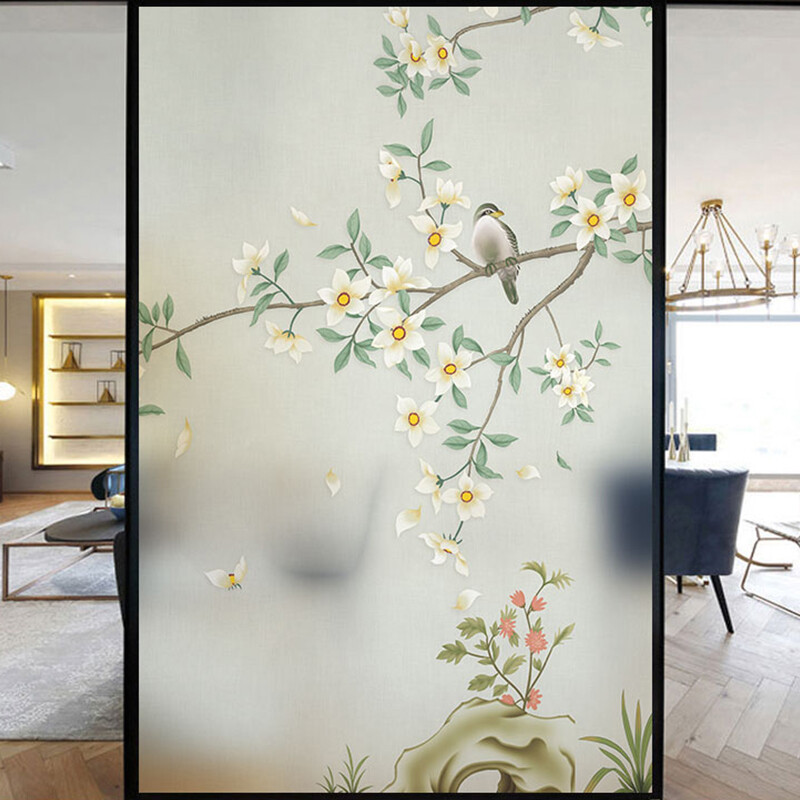 Chinese Flower Birds Style Privacy Window Film Statics Cling Frosted Home Decor