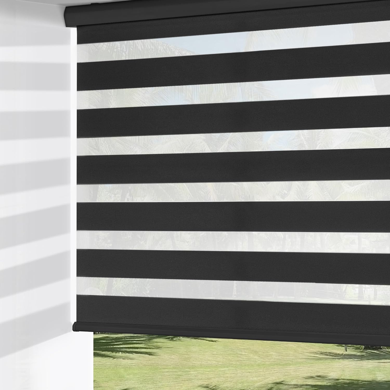 Cordless Zebra Blinds – Dual Layer Light Filtering Roller Shades, 40″x72″ Black