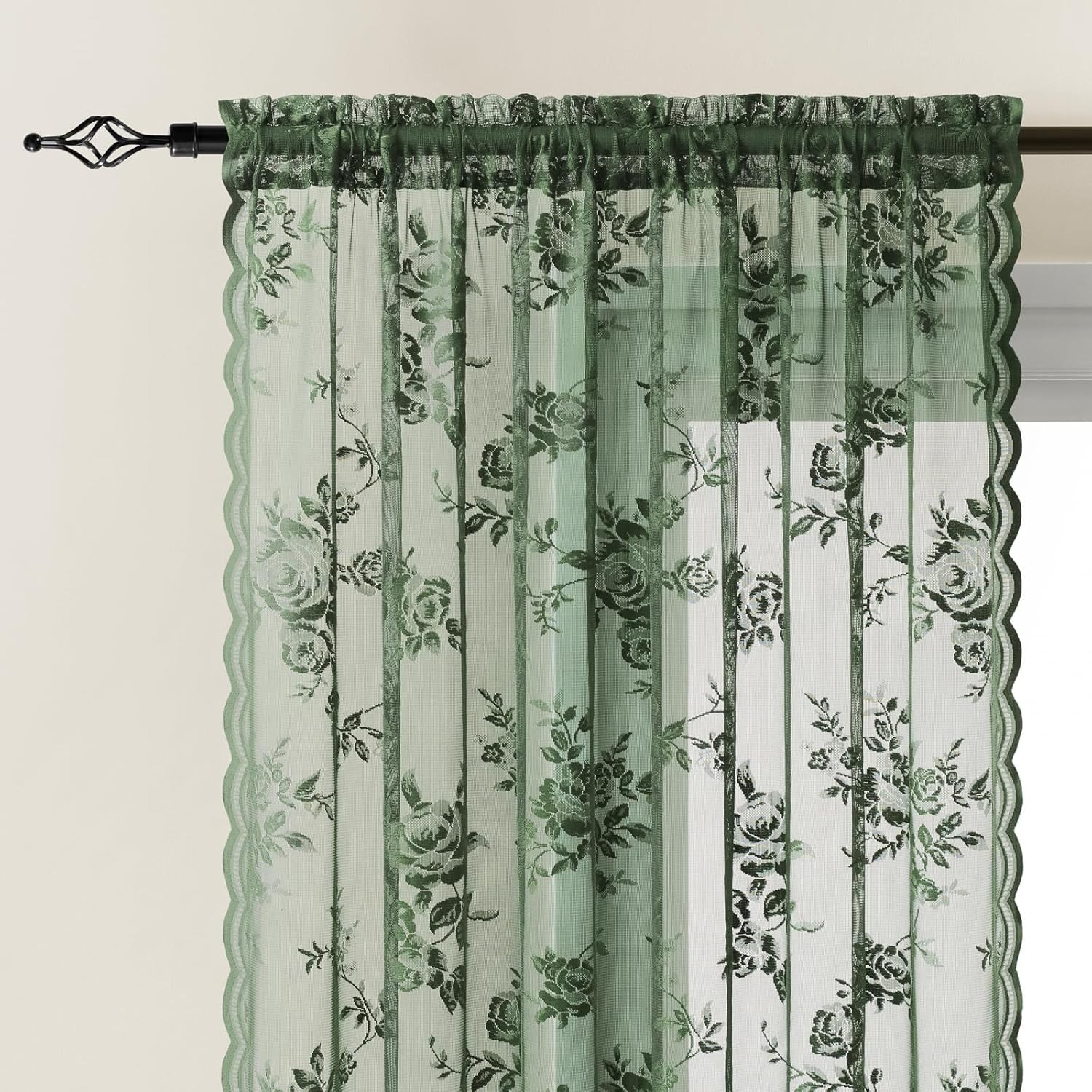 Dark Green Lace Curtains 96 Inches Long 2 Panels Sheer Floral Curtains for Li…