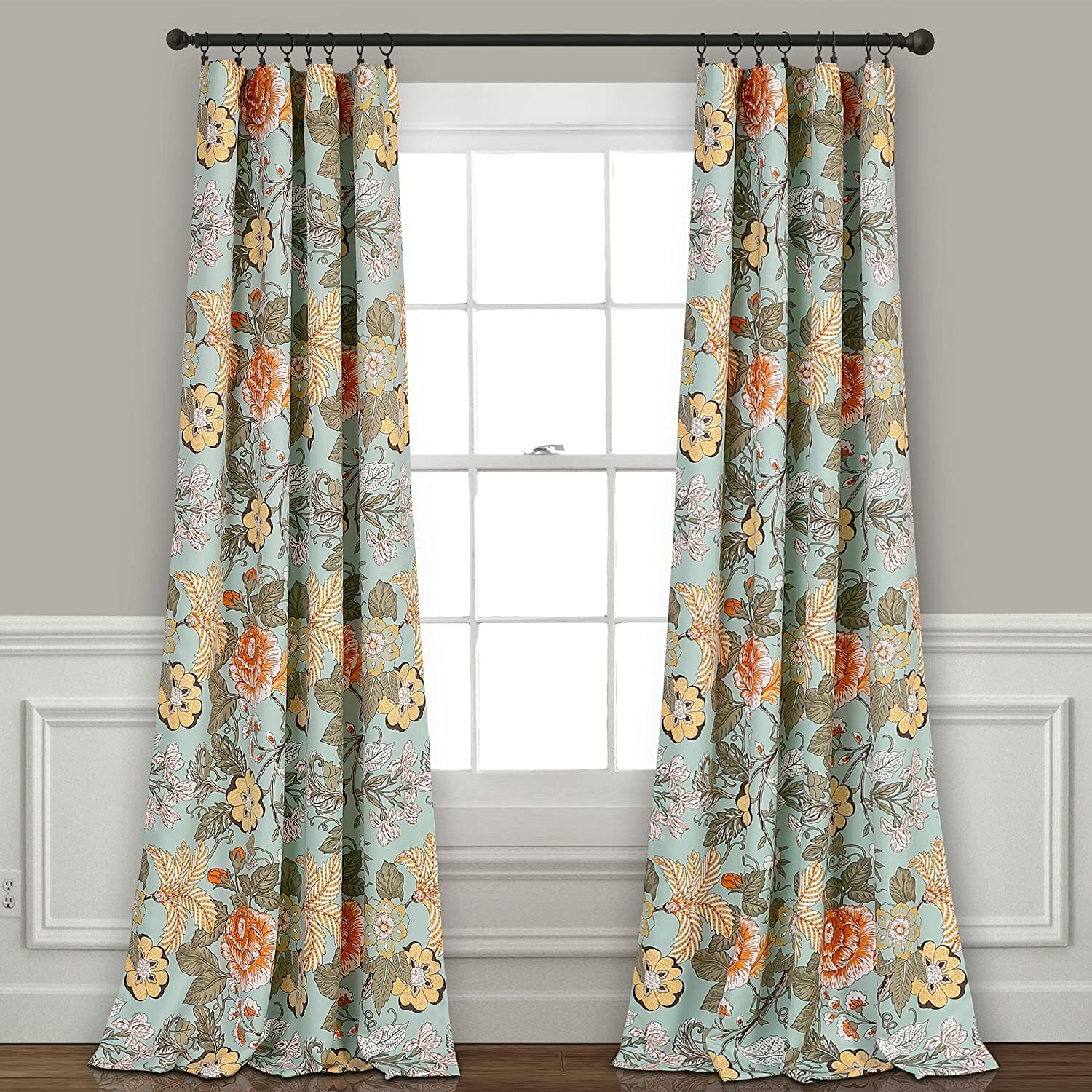 Set 2 Blue Green Yellow Floral Curtains Panels Drapes 84 95 108 inch L Darkening