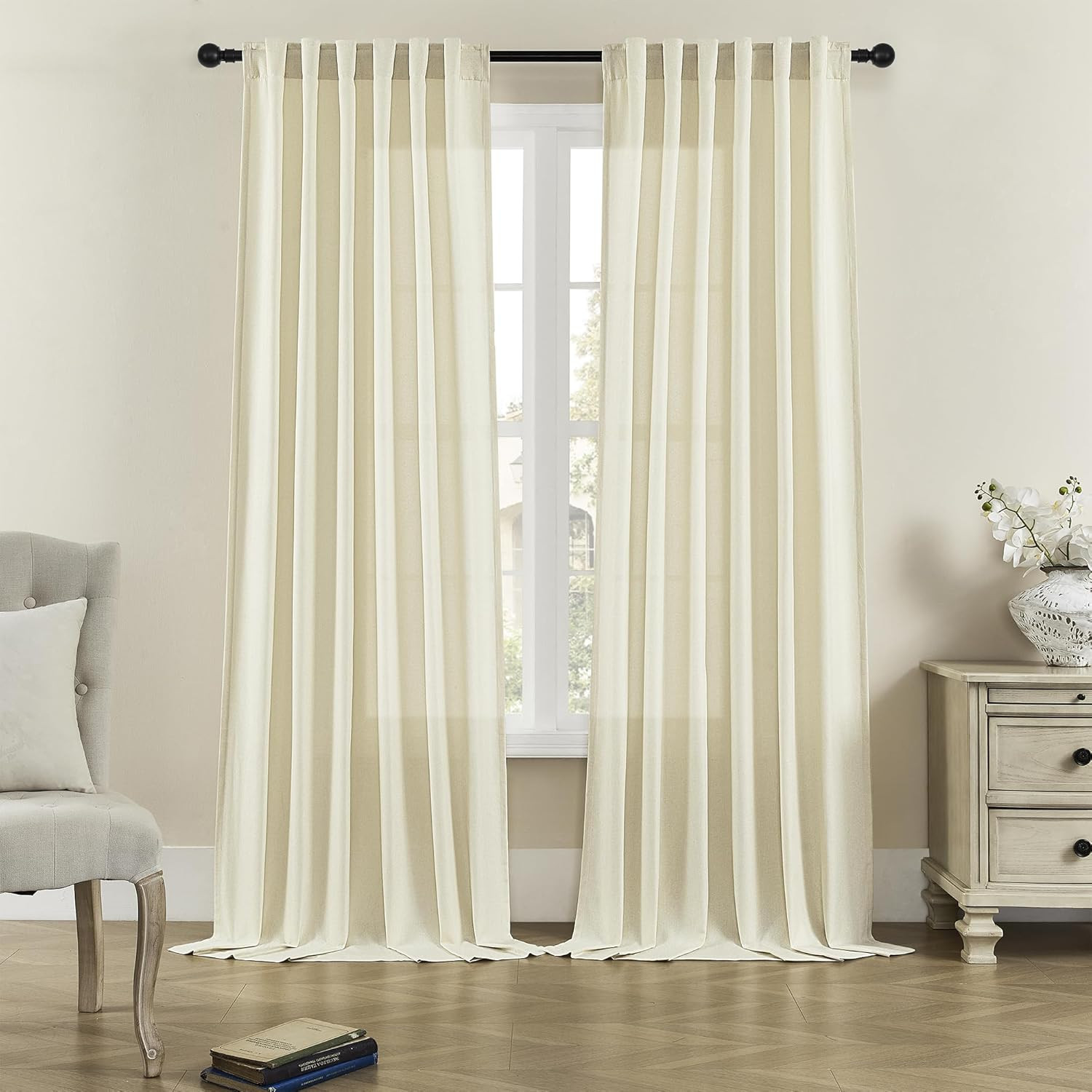 Cream Linen Curtains 72 Inch Length for Bedroom 2 Panels Back Tab Pocket Semi Pr
