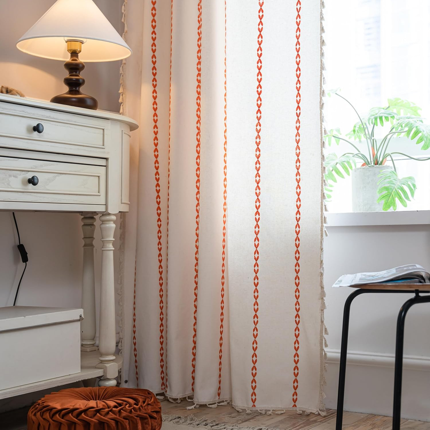 Orange Boho Curtains for Bedroom Living Room 84 Inches Long, Striped Embroidery