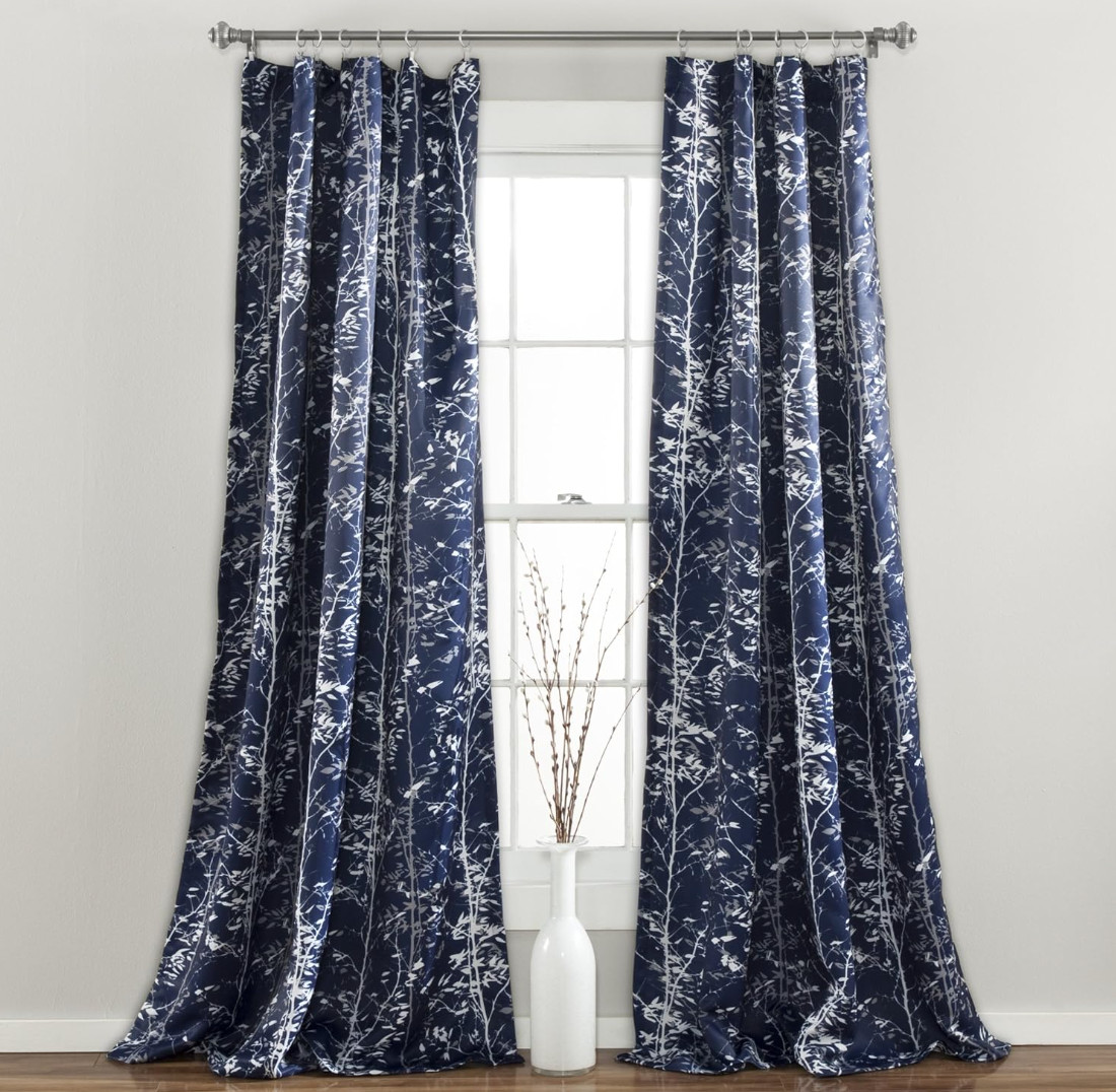 Set 2 Navy Blue Nature Leaves Window Curtains Panels Drapes 84 inch L Darkening