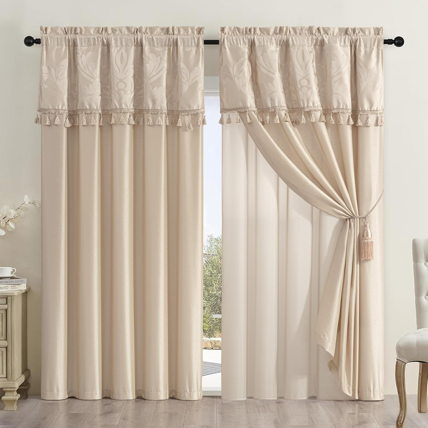 Champagne Jacquard Floral Curtain Set with Sheer Valance and Tassels