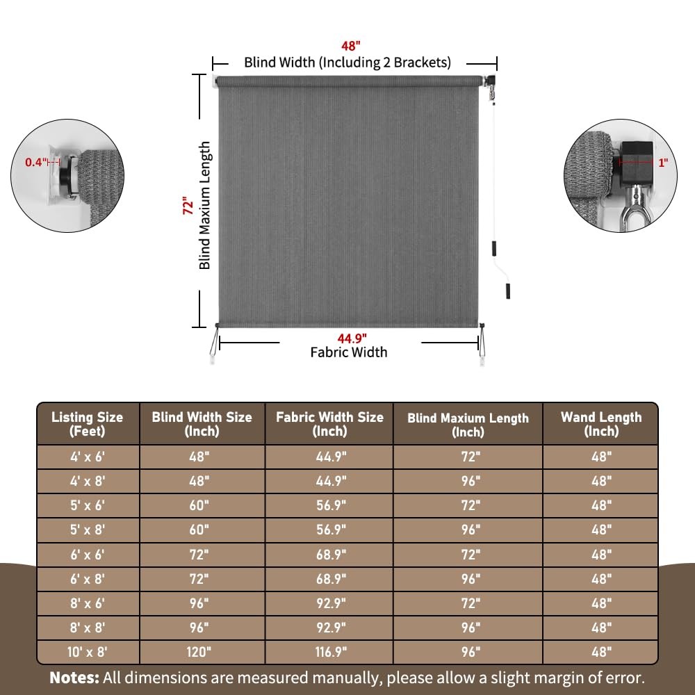 HIDODO Outdoor Roller Shade 4ft W x 6ft L Cordless Patio Shades UV Protection Ex