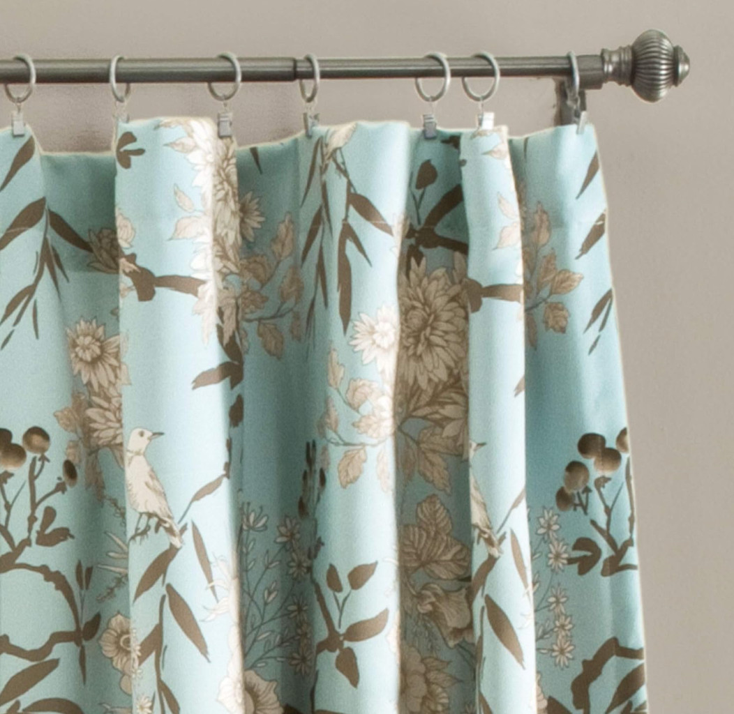 Set 2 Light Blue Brown Floral Birds Curtains Panels Drapes 84 inch L Darkening