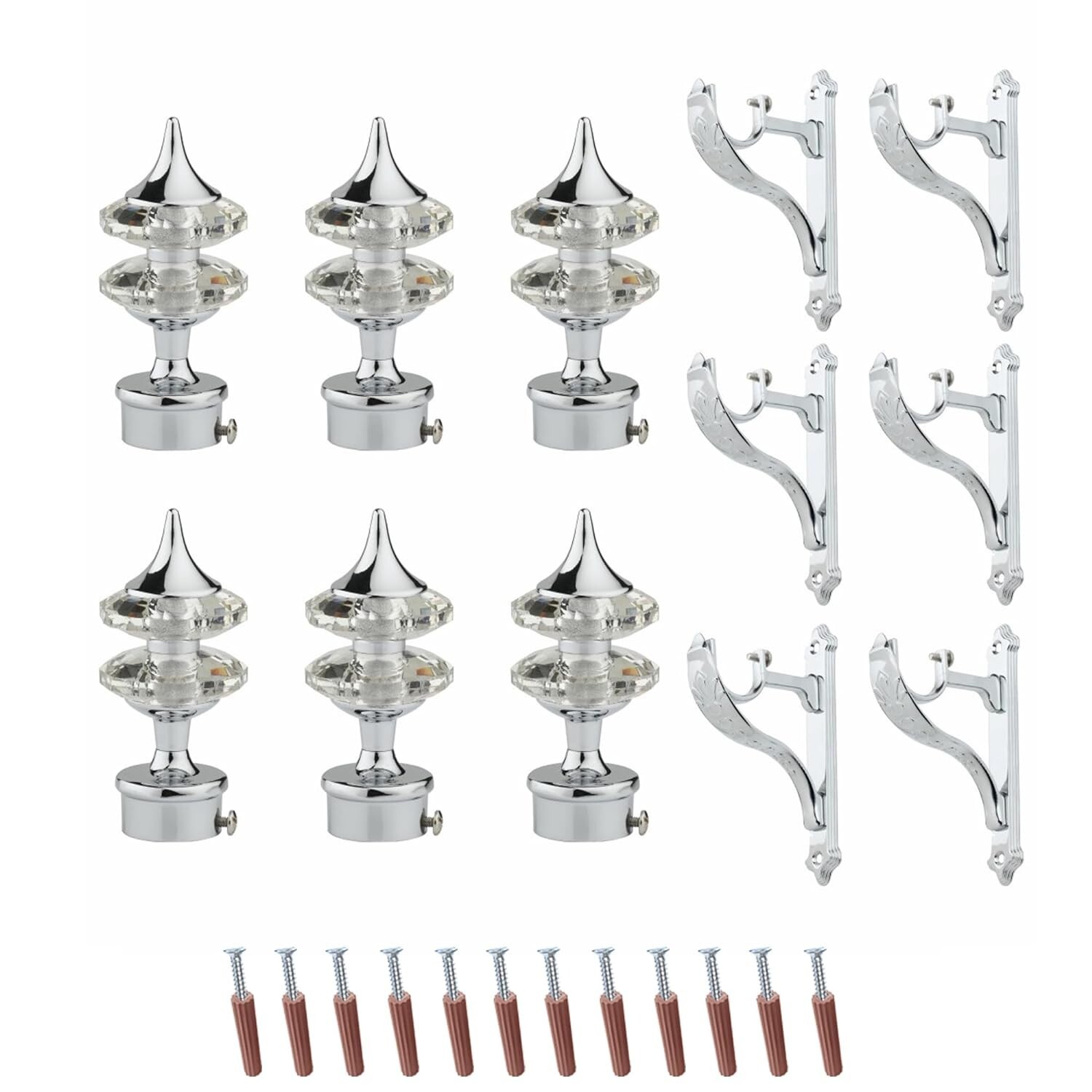 Curtain Brackets Holders with Support Fittings 1 Inch Rod Finials Silver 3 Pair
