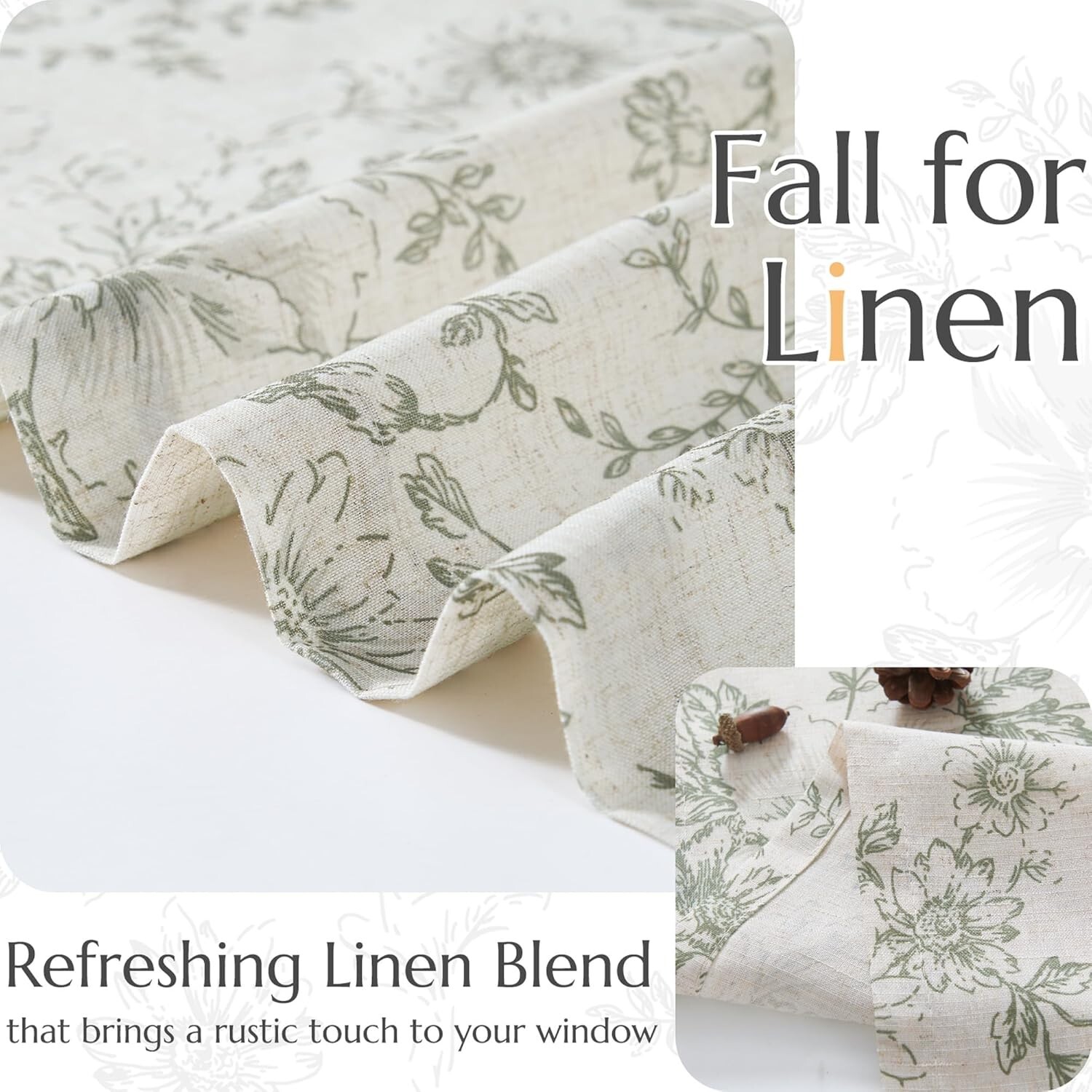 Light Filtering Floral Linen Valance – Elegant Sage Green Window Treatment 24″
