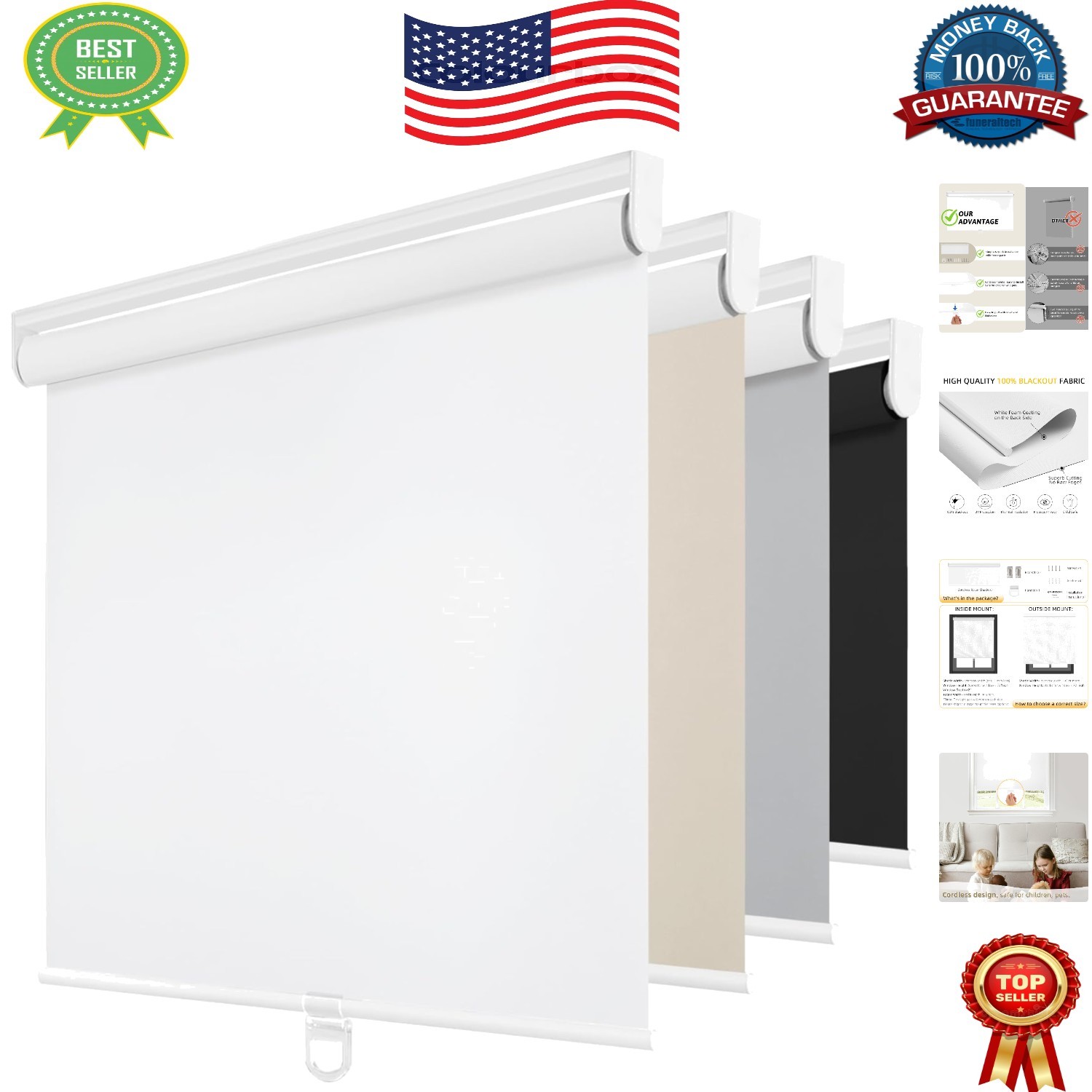 Thermal Insulated Blackout Shades, 22″ W x 72″ H – Cordless Design for Safety
