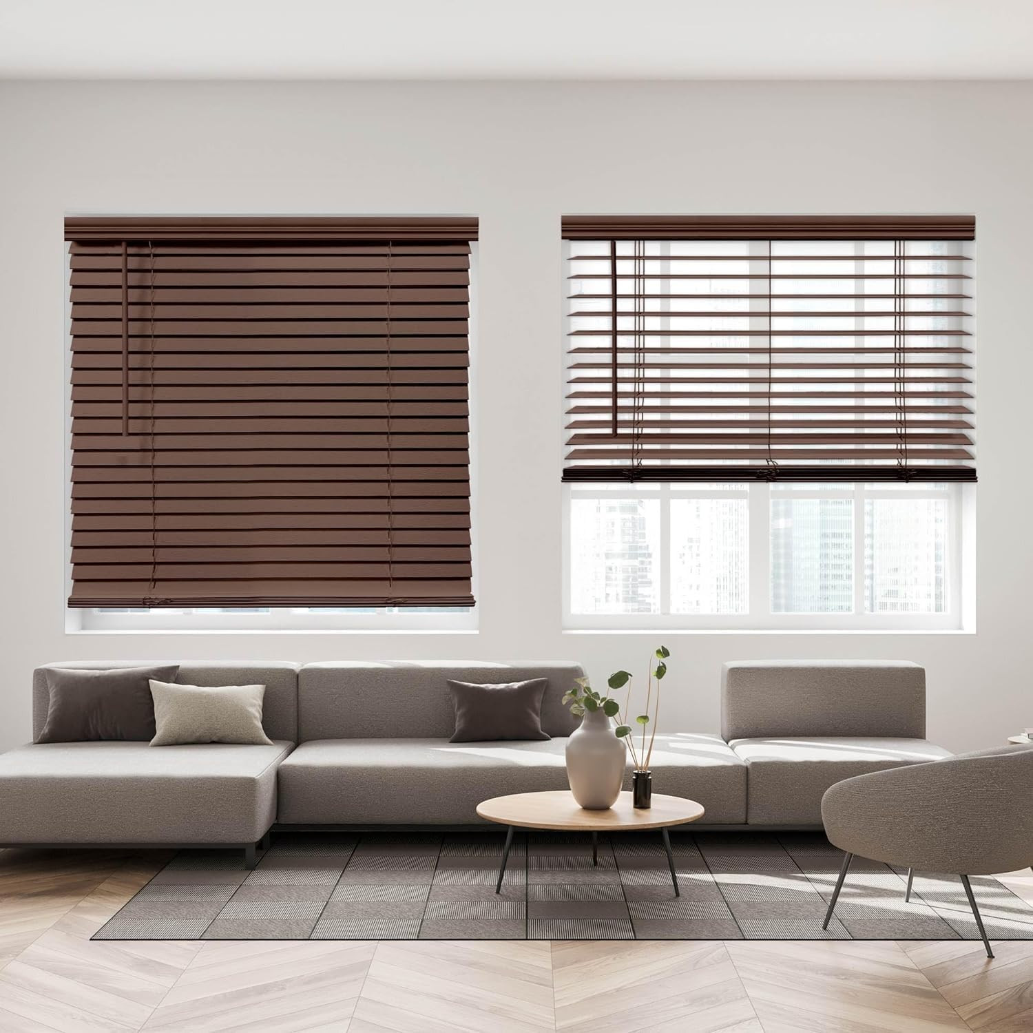 DEZ FURNISHINGS Cordless 2″ Signature Faux Wood Blind, 33.75″ W X 48″ H, Bark Br