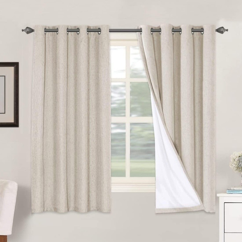 Blackout Linen Look Curtain Panels Eco-Friendly Draperies Noise Reducing New