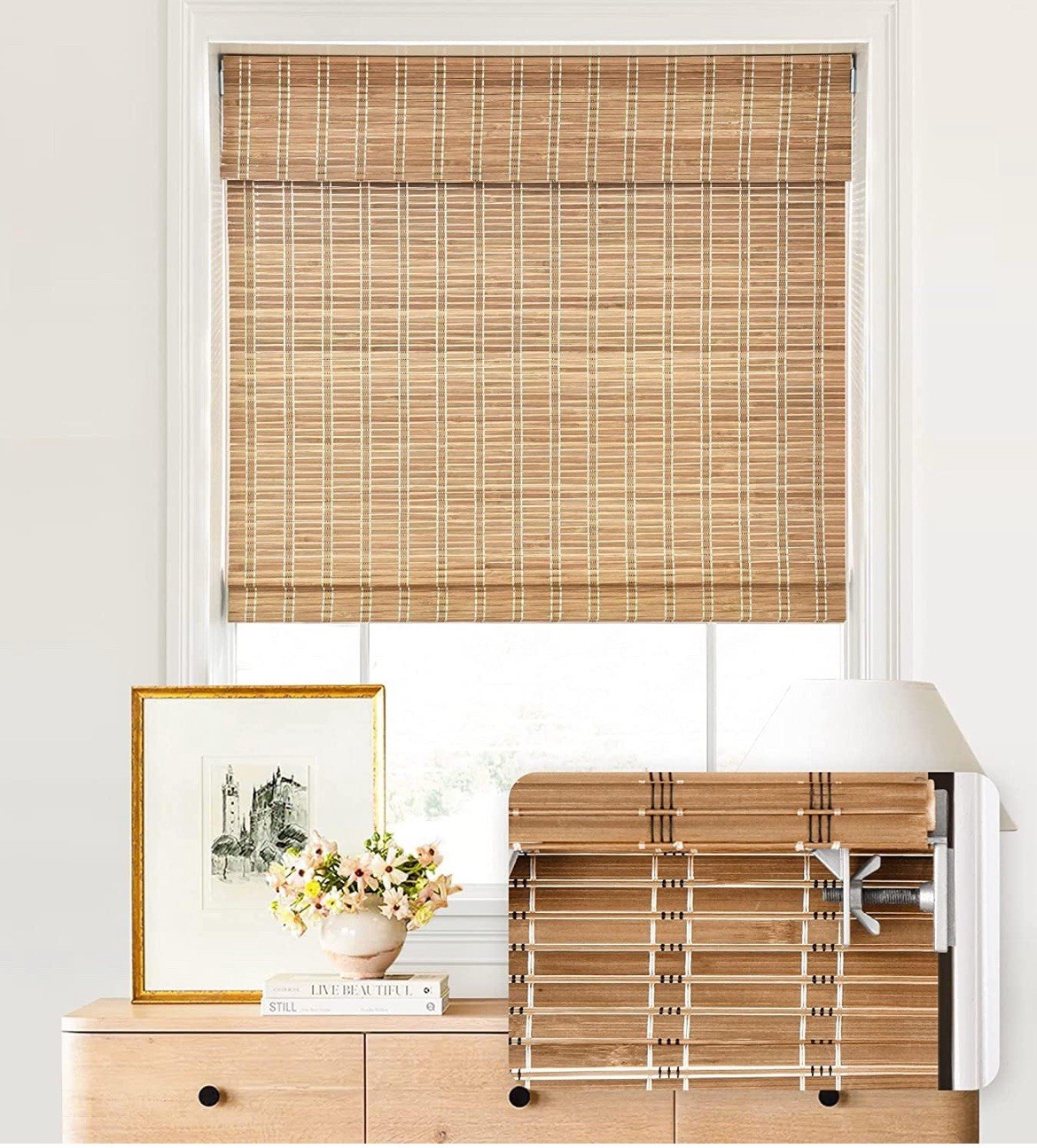 LazBlinds Cordless Bamboo Roman Shades 40″x72″ No Drill Light #R015