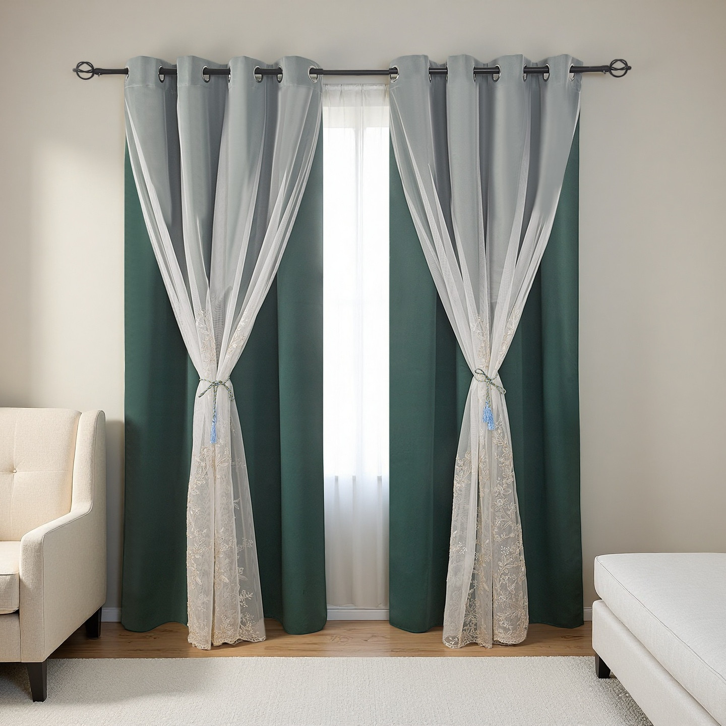 2Panels 52x96in Dark Green Double Layer Curtains Embroiered Sheer, Grommet Drape