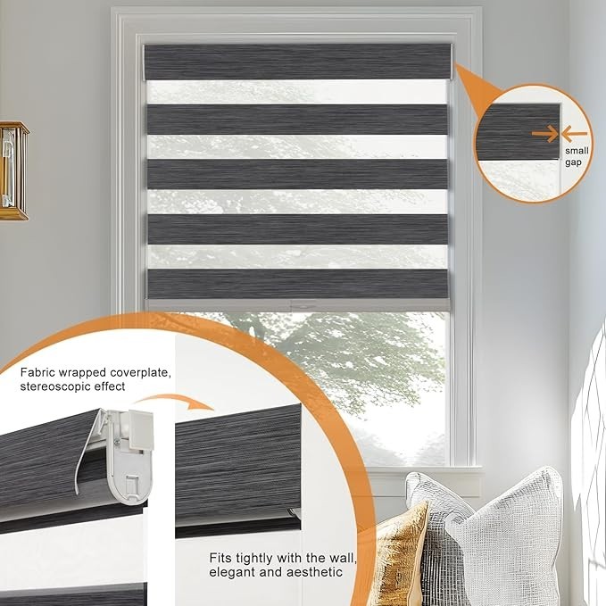 Gray METechs No-Drill Zebra Blinds – Dual Layer Light Filtering Cordless Shades