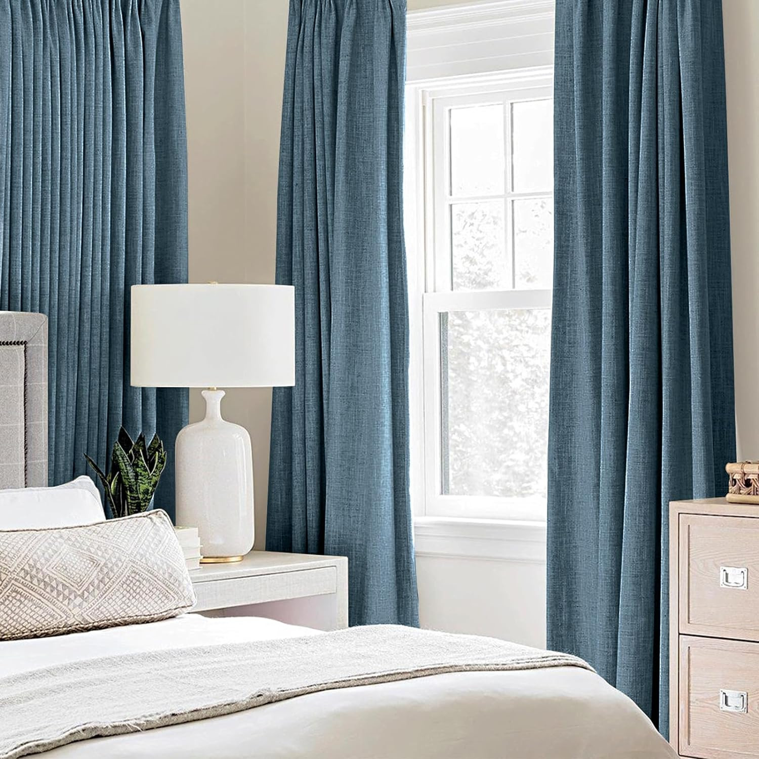 Dusty Blue Linen Texture Blackout Curtains 52×72 Inch, 2 Panels