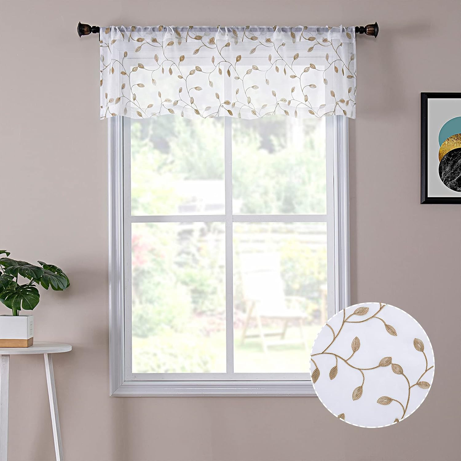Leaves Sheer Valance Curtains Taupe Leaf Embroidery Bedroom Curtain Rod Pocket V