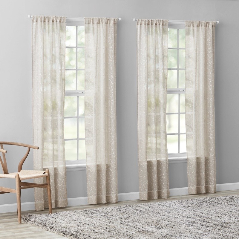 Embroidered Scroll Sheer Curtain Panels 4 Piece Set Rod Pocket Window Treatment