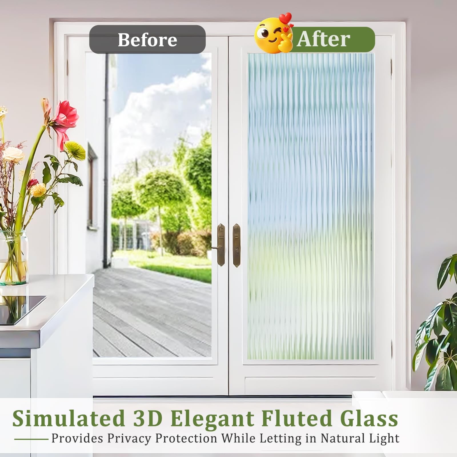 Reeded Glass Window Film, 3D Fluted Window Privacy Film Static Cling, Decorat…