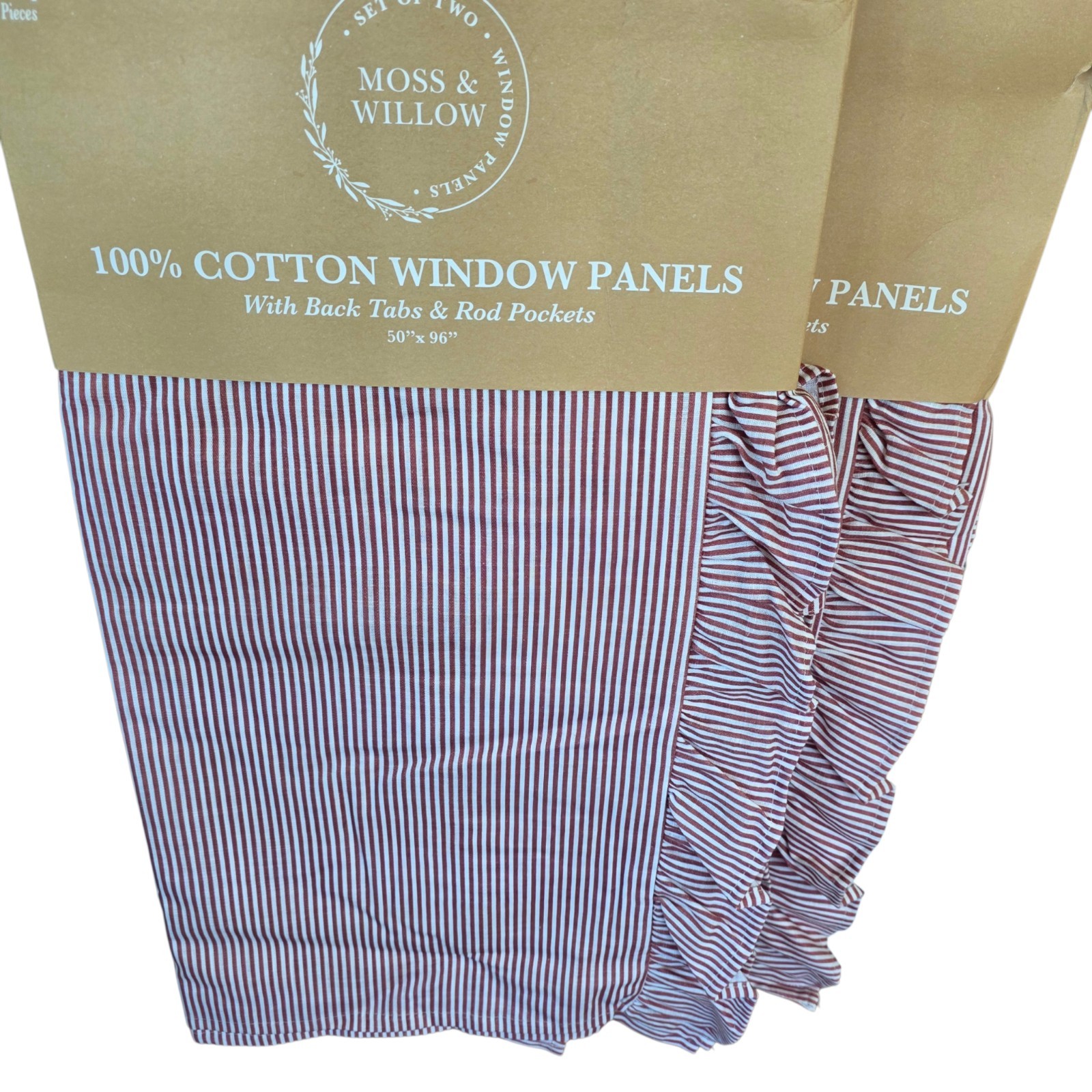 Moss & Willow Set 4 Ruffle Stripe Curtains 50×96 Cranberry Farmhouse Drapes