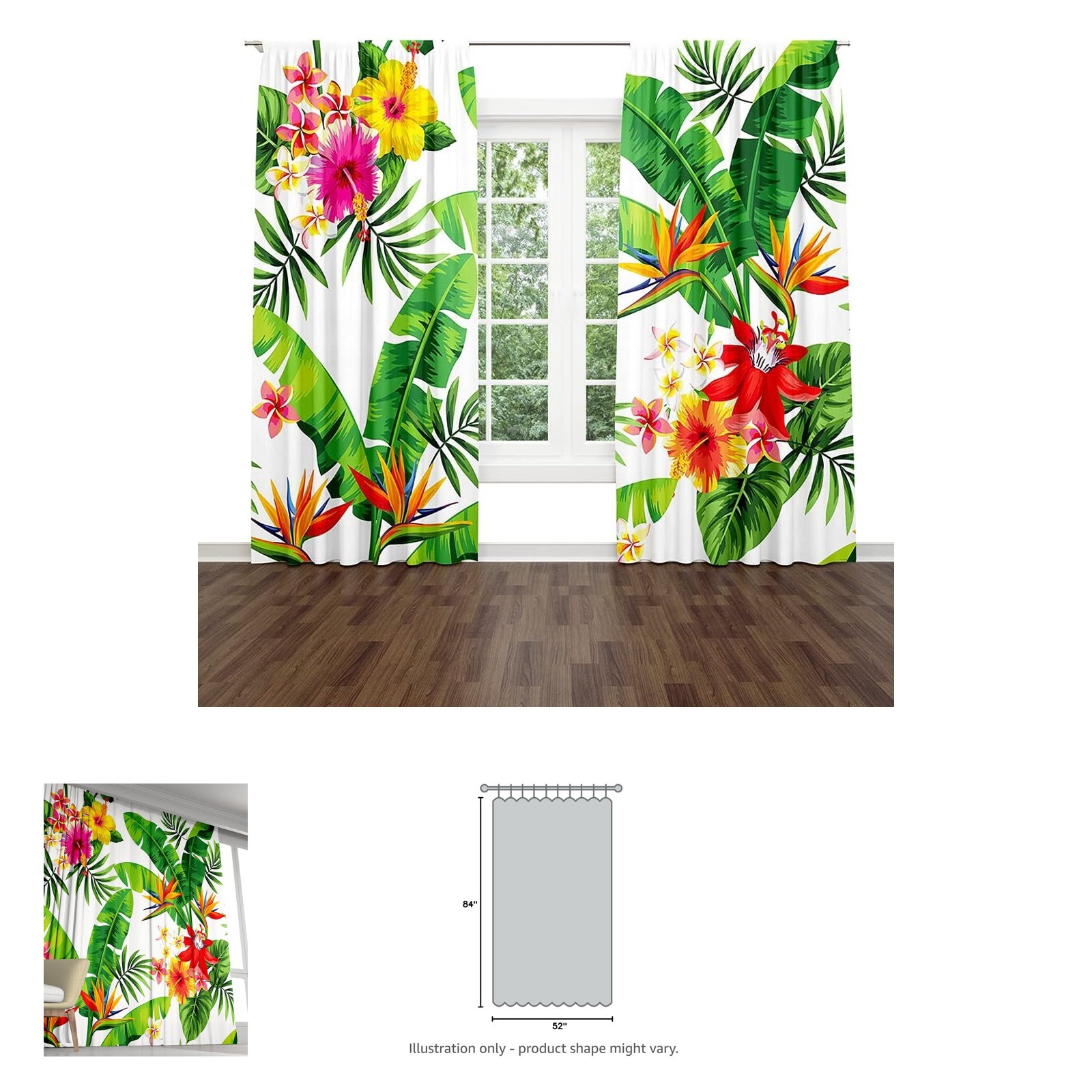 Tropical Floral Window Drapes Curtain with Leaf Pattern 26×84 Inches Two Panels