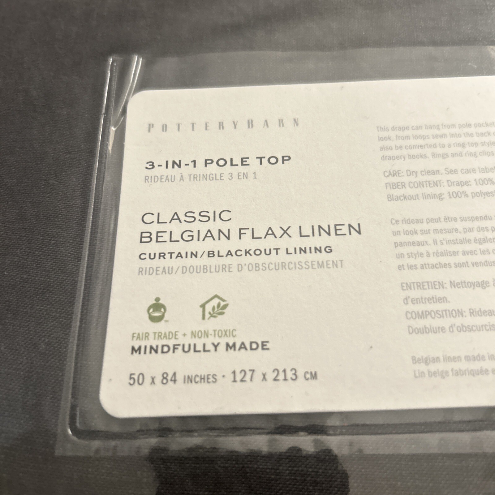 Pottery Barn Classic Belgian Flax Linen Blackout NEW drape Panel 50×84 Ebony