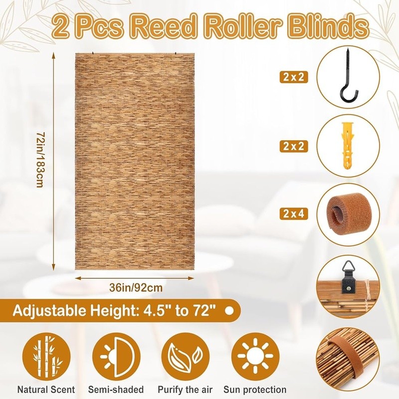 Natural Reed Roller Blinds Outdoor Privacy Shades Easy Install Two Pack 36×72 US