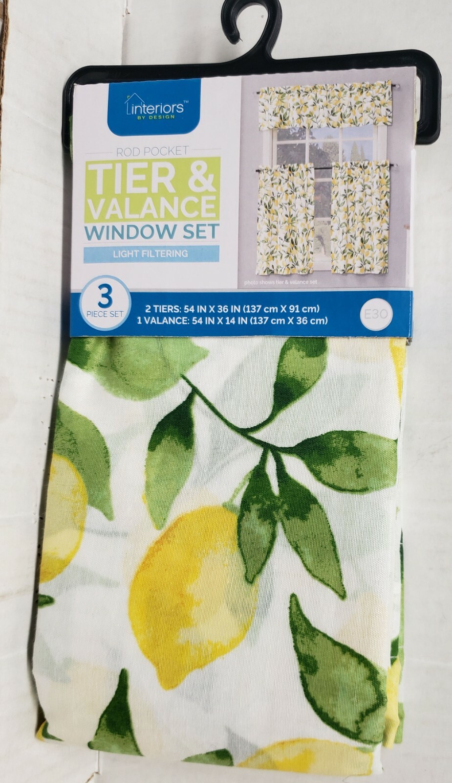 3 Pc. Rod Pocket Curtains Set (Tier 54″x36″) & Valance (54″x14″) LEMONS, E30, MB