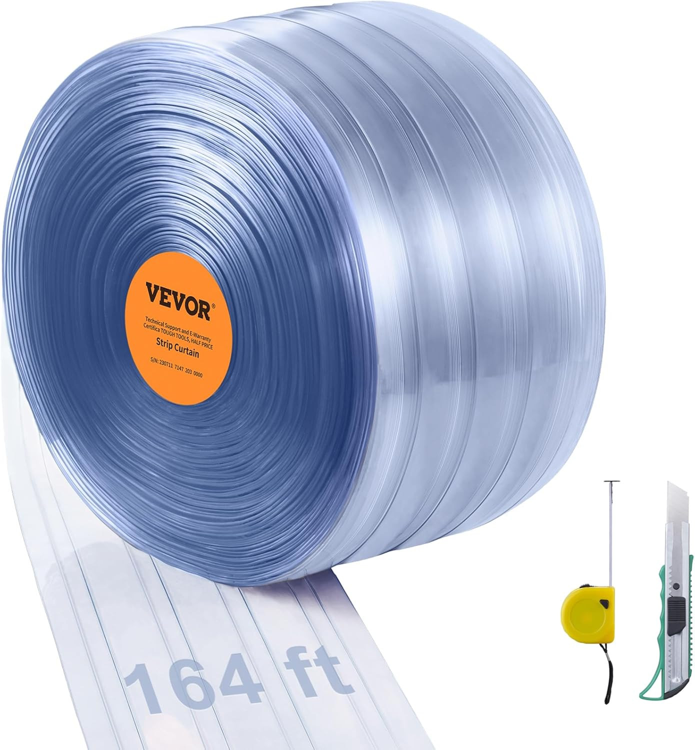 Strip Curtain, 164′ Length X 8″ Width X 0.08″ Thickness, Clear Ribbed PVC Curtai