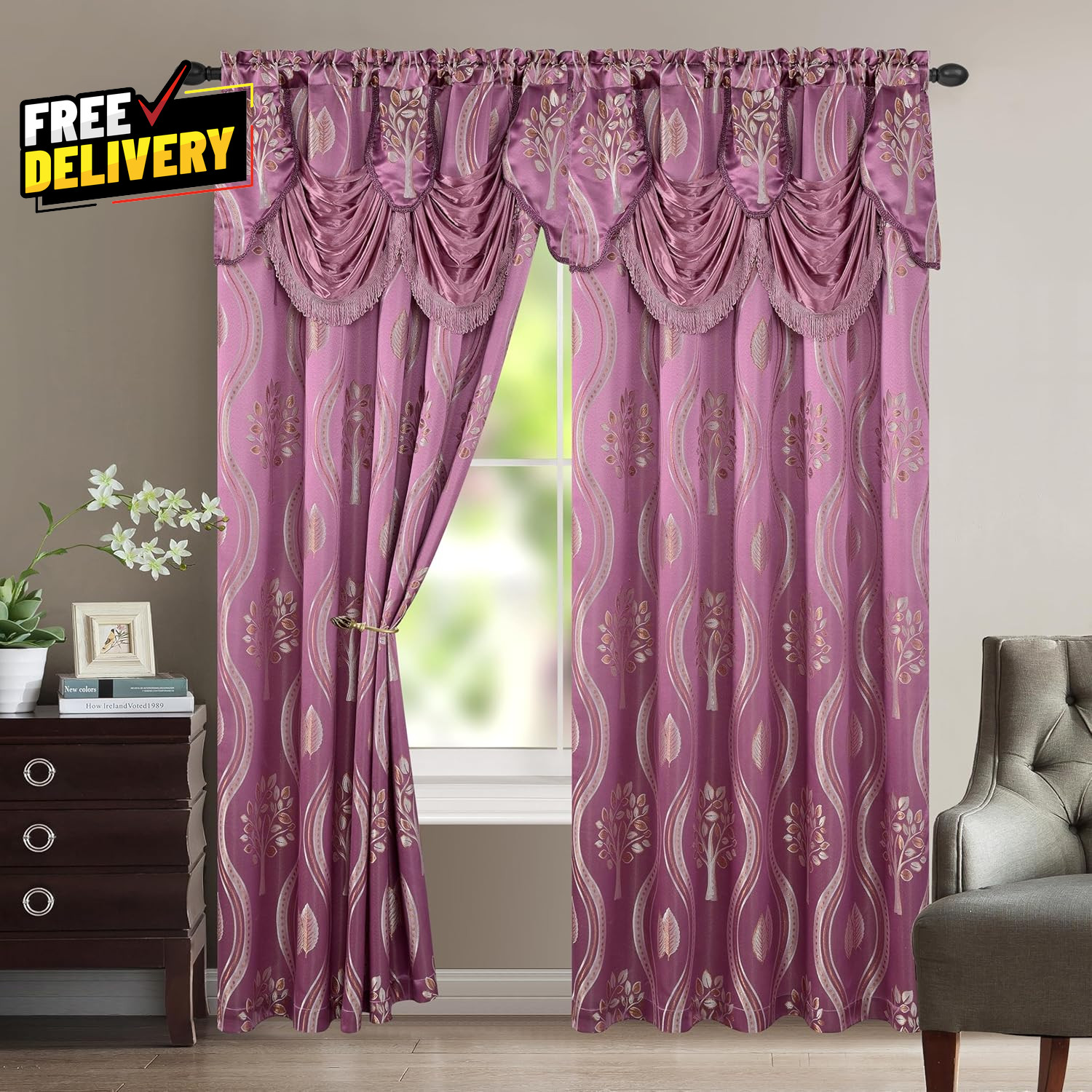 Aurora Jacquard Look Curtain Panel Set with Attached Valance 54X 84 Inch Set of