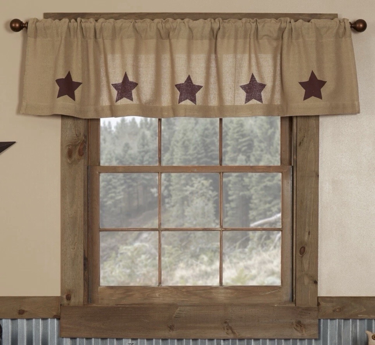 72″ W Rustic Window Valance w/ Burgundy Red Stencil Stars Natural Cotton Burlap