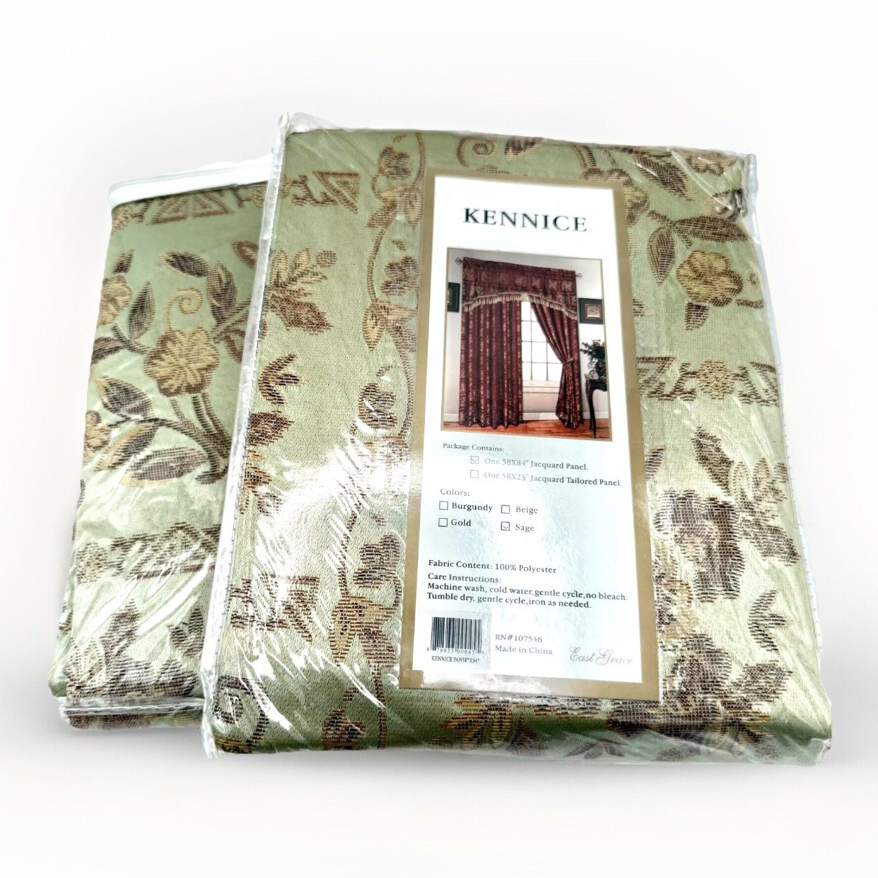 East Grace Kennice Jacquard Curtain Panels Sage Burgundy Gold 54″x84″ Set NEW