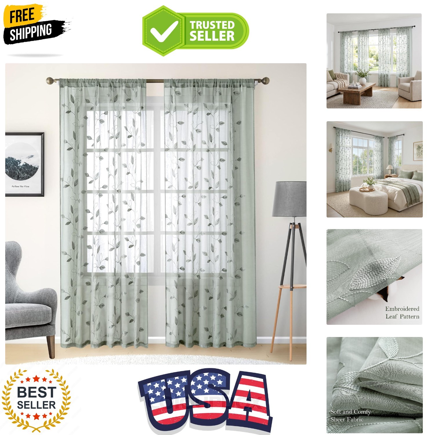 Sage Green Sheer Curtains 52 X 96 Inches Long 2 Panels Embroidered Leaf Patte…