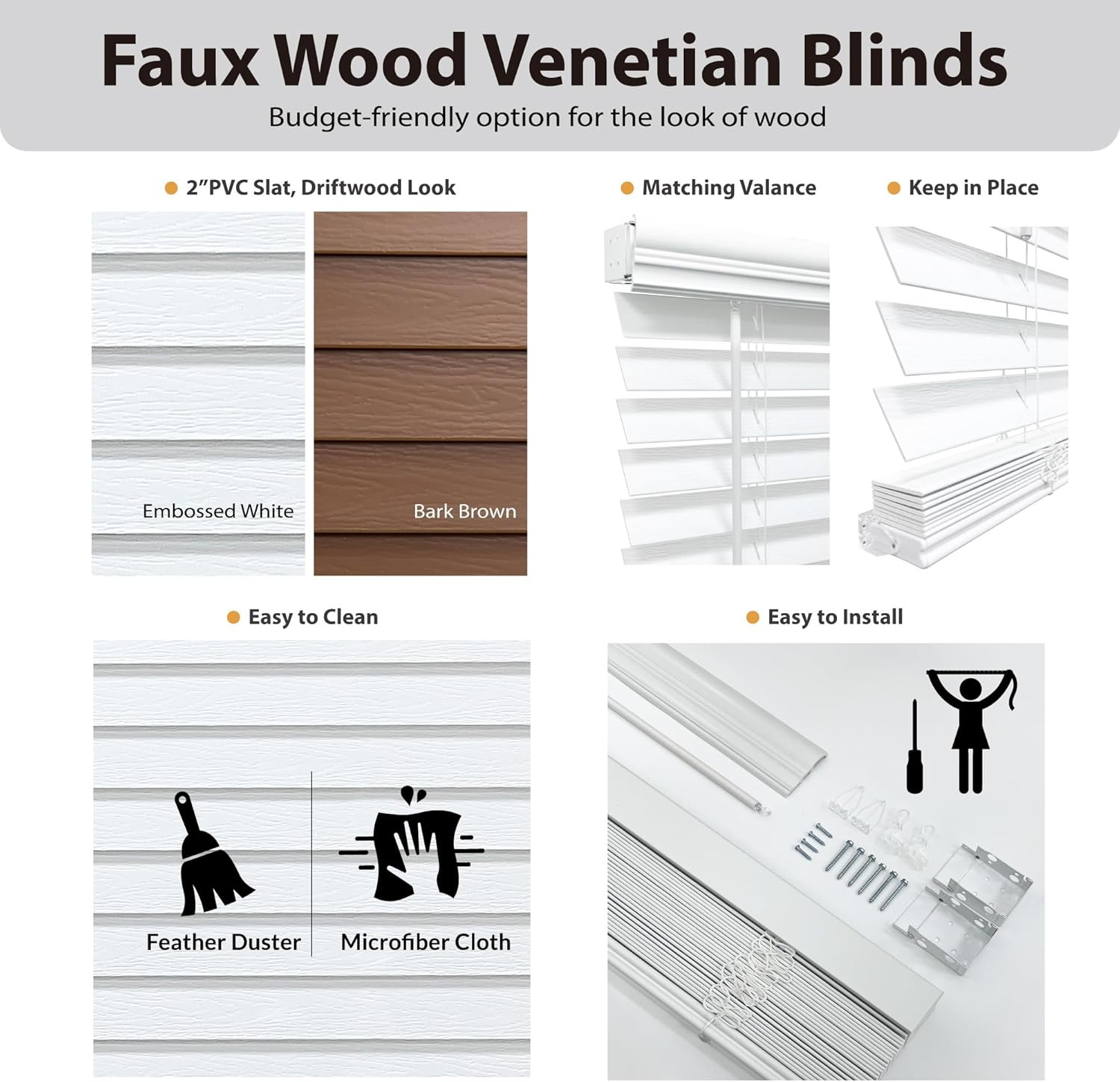 DEZ FURNISHINGS Cordless 2″ Signature Faux Wood Blind, 33.75″ W X 48″ H, Bark Br