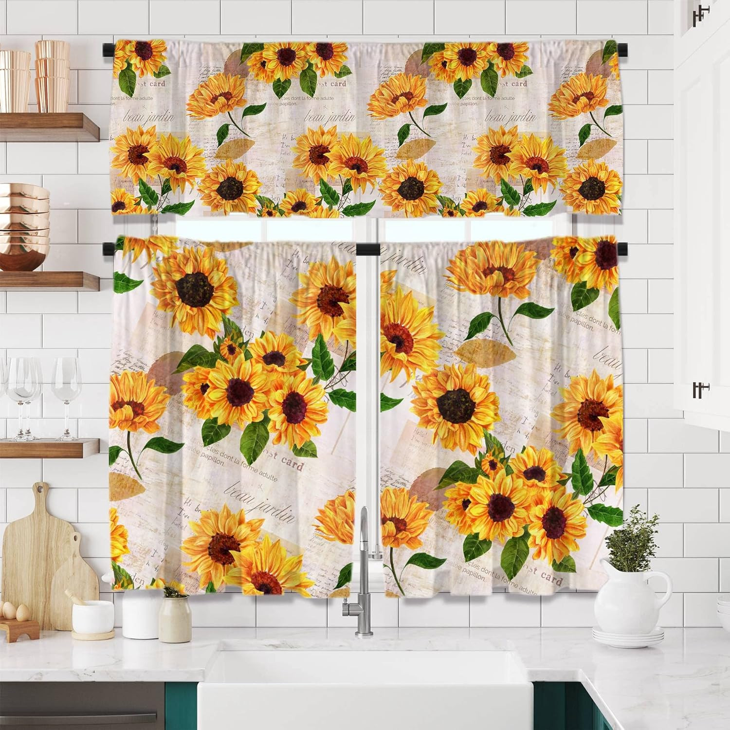 Sunflower Window Curtains Set with Valance 3Pcs Farmhouse Sunflower Kitchen Curt