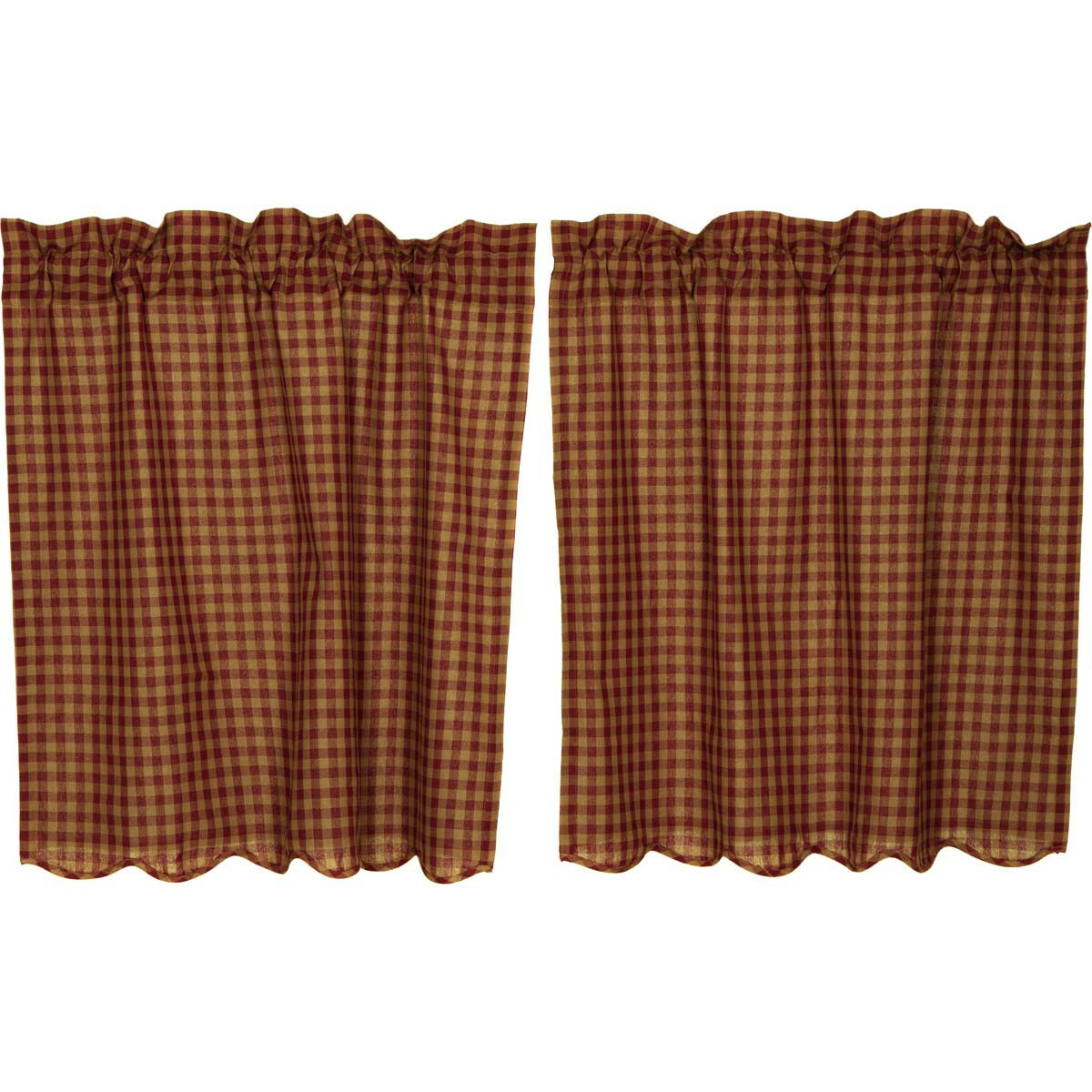 Cafe Curtains 36 inch Tiers Burgundy Red Tan Check Country Primitive Decor