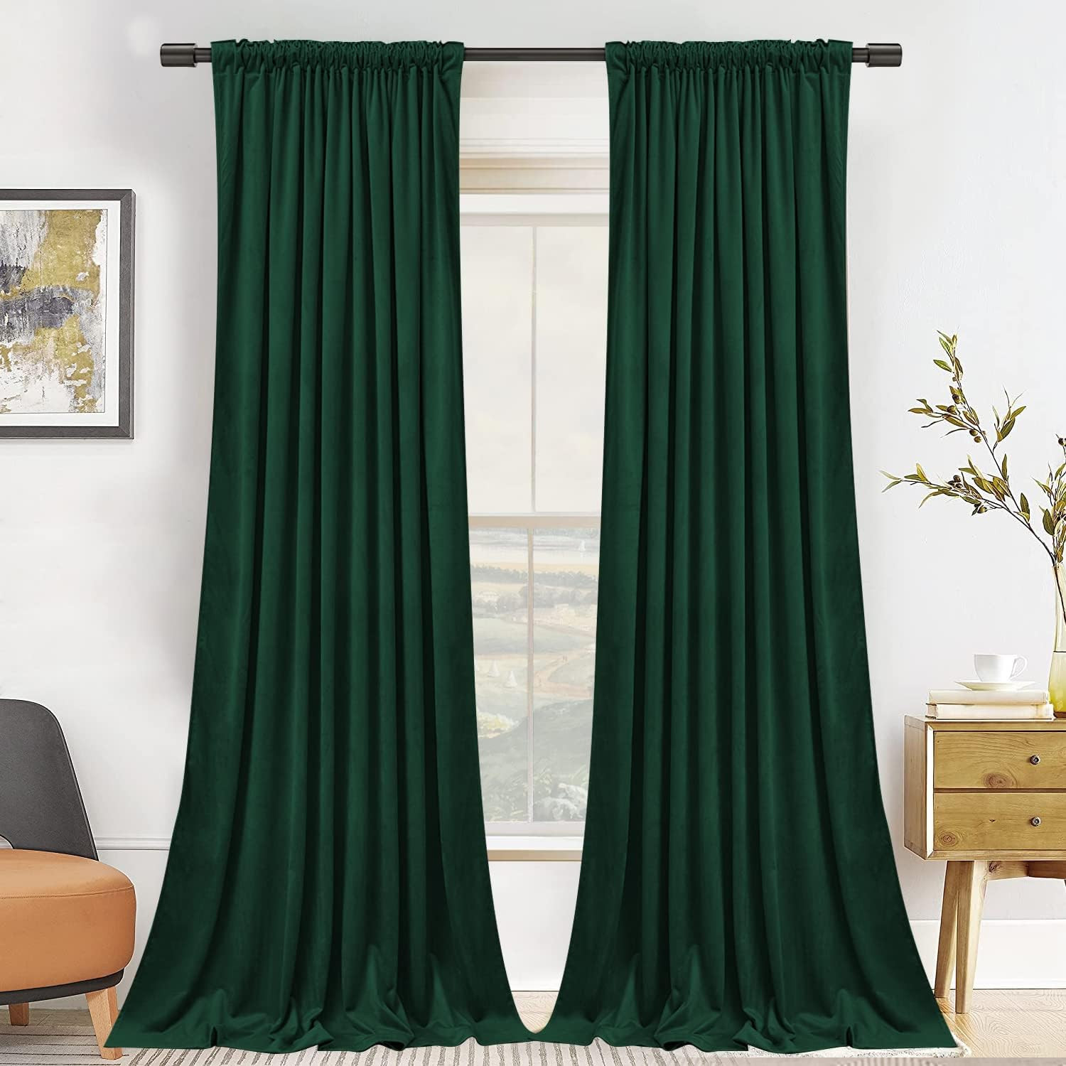 SNITIE Emerald Green 108In Long Velvet Curtains with Back Tab and Rod Pocket Sof