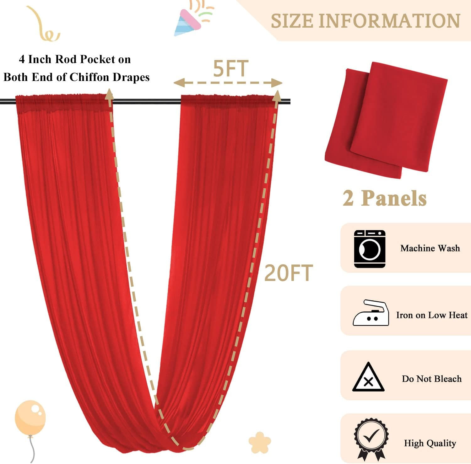 Red Chiffon Ceiling Drapes for Weddings & Parties – 2 Panels 5x20ft