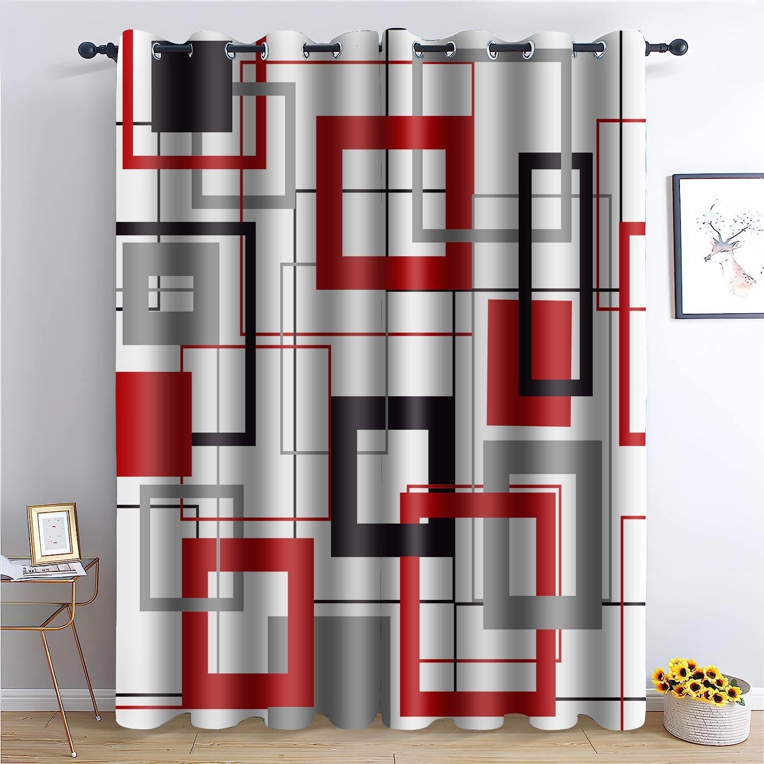Red Black Geometric Curtain White Grey Plaid Modern Abstract Boy Girl Blackou…