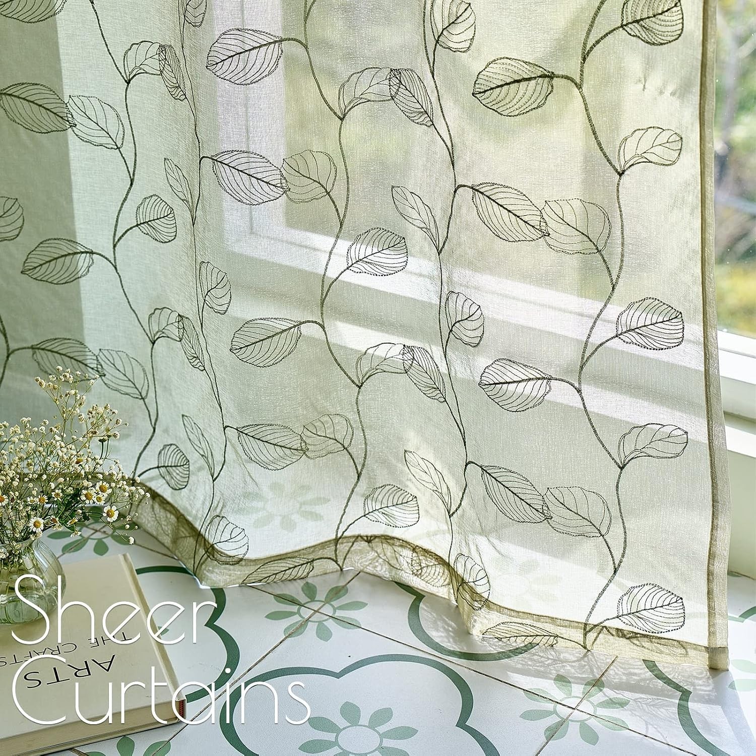 Sage Sheer Curtains Leaf Embroidered 96 Inch Long for Living Room Bedroom Rod…