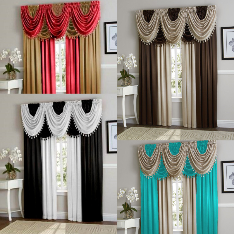 5PC COMPLETE SET SILK LINEN TEXTURE ROOM PANEL VALANCE WINDOW CURTAIN DRAPE 84″